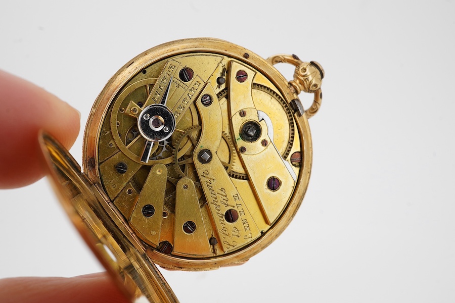 A lady's Swiss yellow metal, enamel and gem set dress fob watch, with Roman dial, case diameter 36mm, gross weight 28.3 grams. Condition - poor.
